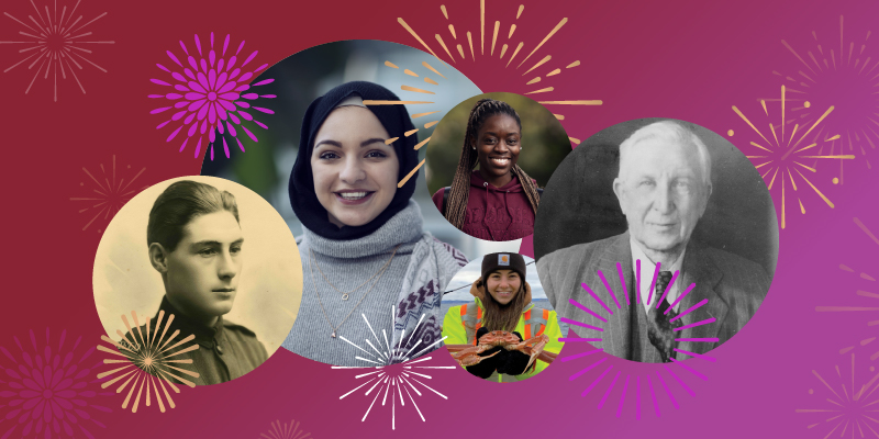 A collage of diverse individuals in circular frames on a gradient background with fireworks bursts.